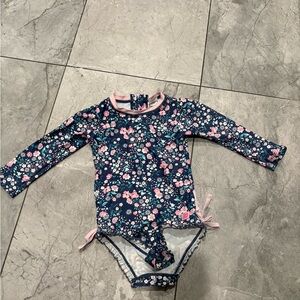 Ruffle Butts Navy and Pink Floral Kids Rashguard